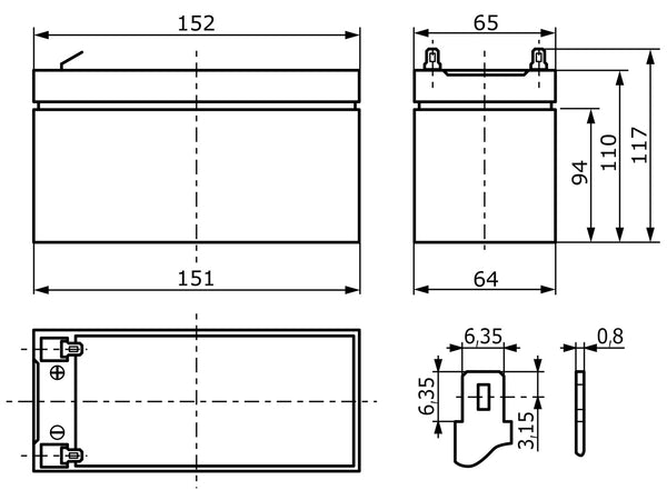 Abmessungen wartungsfreie Bleisäure Batterie 12 V / 10 Ah