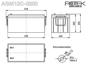 Abmessungen wartungsfreie Bleisäure Batterie 12 V / 200 Ah
