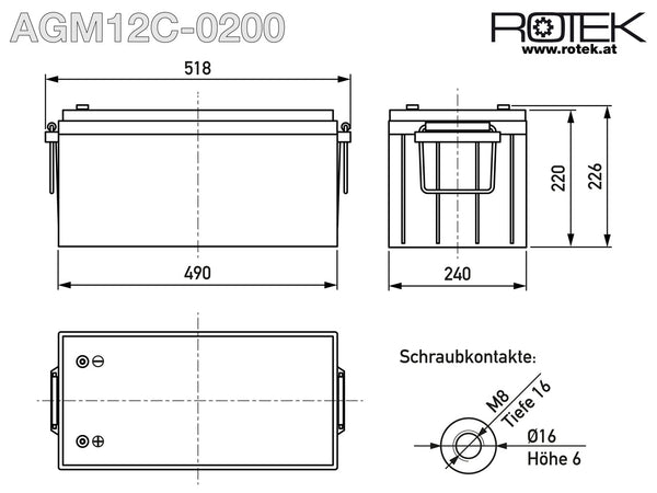 Abmessungen wartungsfreie Bleisäure Batterie 12 V / 200 Ah