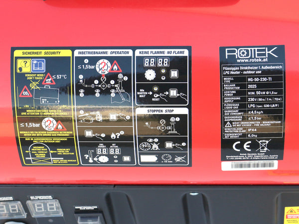 HG-50-230-TI Typenschild, Bedien- und Warnhinweise