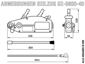Seilzug 800kg / 0,8t mit 40m Seil, SZ-0800-40