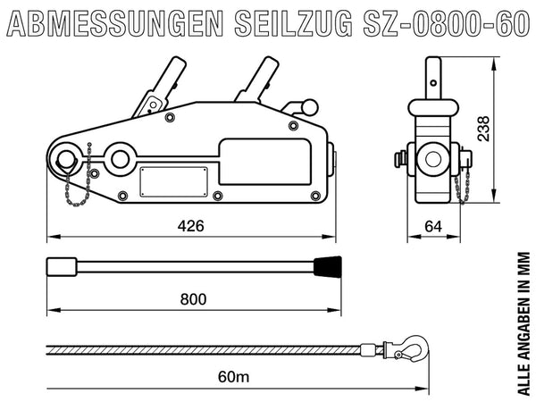 Seilzug 800kg / 0,8t mit 60m Seil, SZ-0800-60