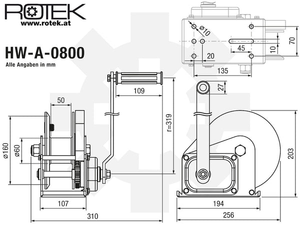 Konsolen-Seilwinde HW-A-0800 mit 10m langem Drahtseil - D6mm (7x19)