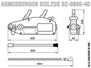 Seilzug 800kg / 0,8t mit 40m Seil, SZ-0800-40