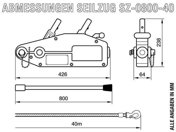 Seilzug 800kg / 0,8t mit 40m Seil, SZ-0800-40