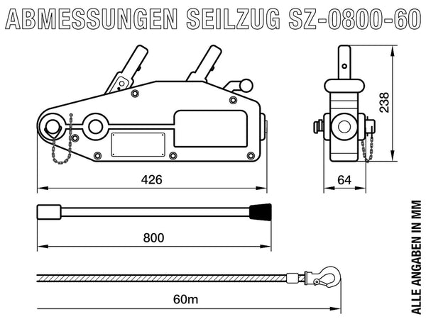 Seilzug 800kg / 0,8t mit 60m Seil, SZ-0800-60