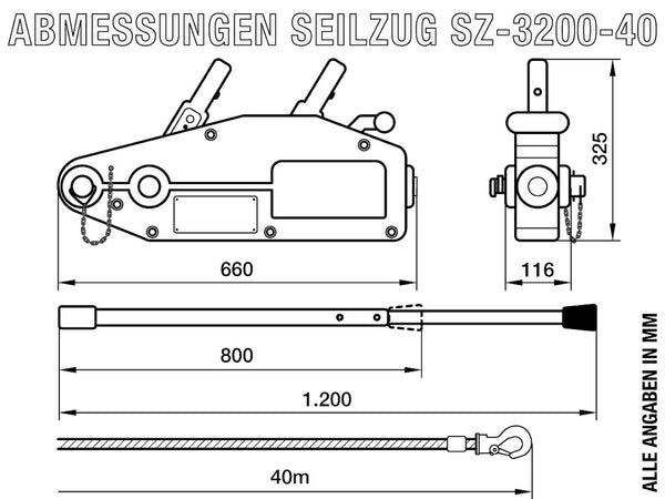 Seilzug 3200kg / 3,2t - mit 40m Seil, SZ-3200-40