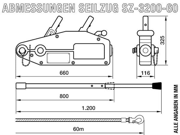 Seilzug 3200kg / 3,2t - mit 60m Seil, SZ-3200-60
