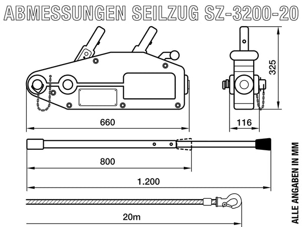 Greifzug (Seilzug) mit 3200 kg Kapazität, ohne Seil, SZ-3200-Body