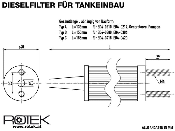 Dieselfilterelement Abmessungen