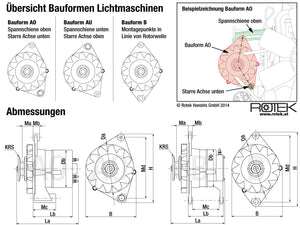 Lichtmaschinen Bauformen Abmessungen